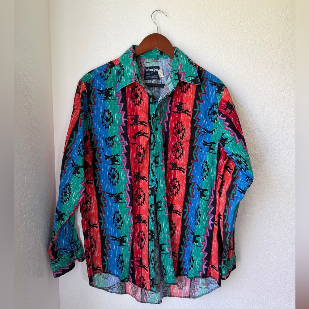 Wrangler Brushpopper Southwestern Aztec Western Button-Up Cowboy Cut Vintage